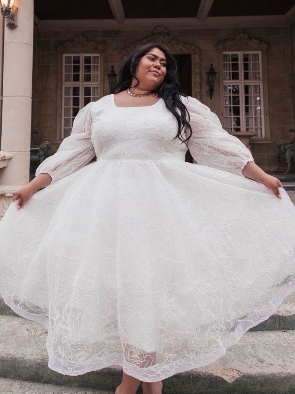JessaKae Ivory Lace Puff-Sleeve Tea-Length Wedding Dress